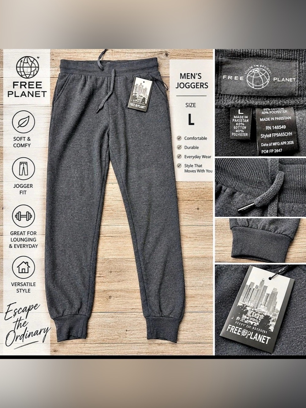 Free Planet Men’s Charcoal Gray Jogger Sweatpants – Large – NWT